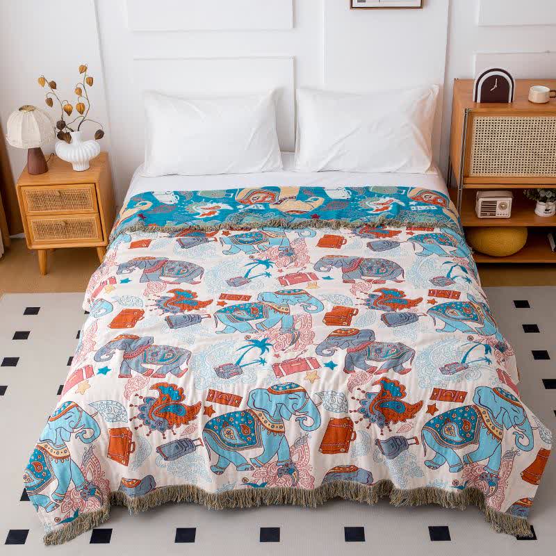Fun Elephant Cotton Gauze Tassel Quilt