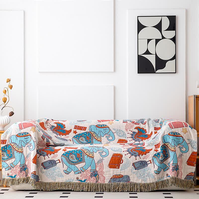 Fun Elephant Cotton Gauze Tassel Quilt