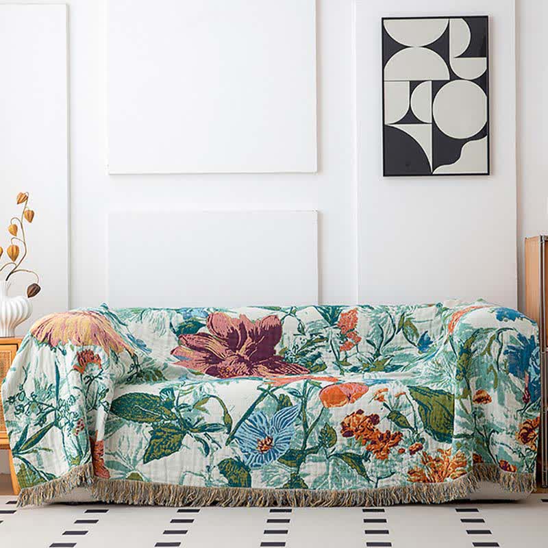 Green Field Flower Cotton Tassel Quilt