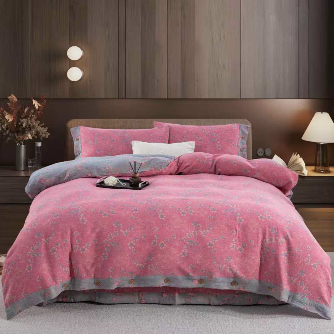 Floral Cotton Gauze Reversible Bedding Set(4pcs)