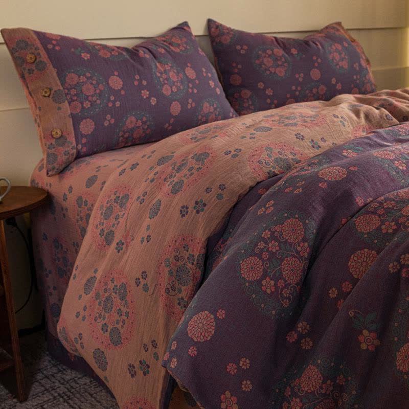 Purple Floral Cotton Gauze Bedding Set(4pcs)