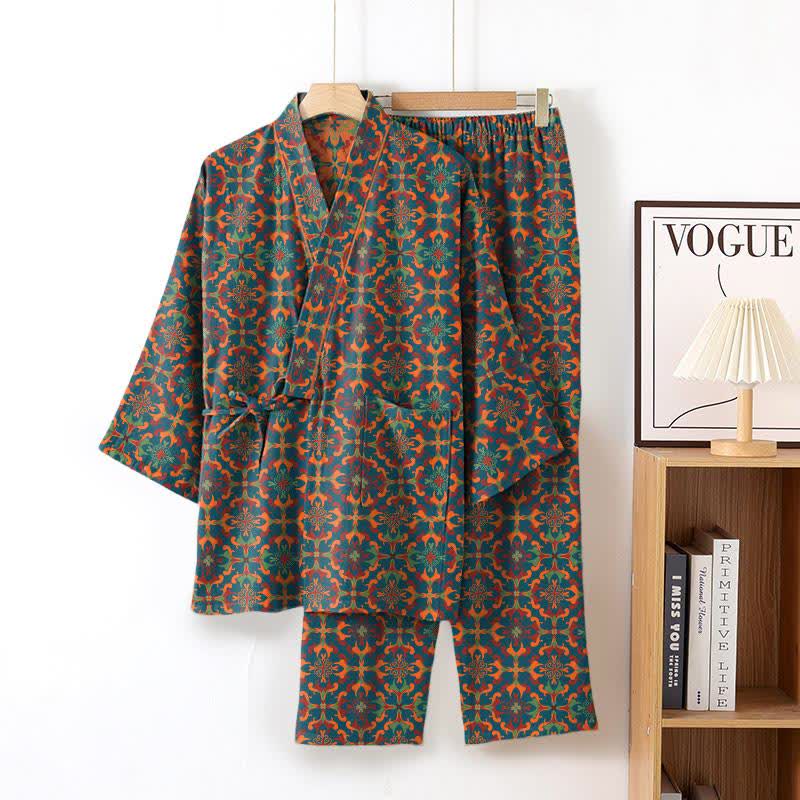 Geometric Pattern Cotton Kimono Loungewear Set