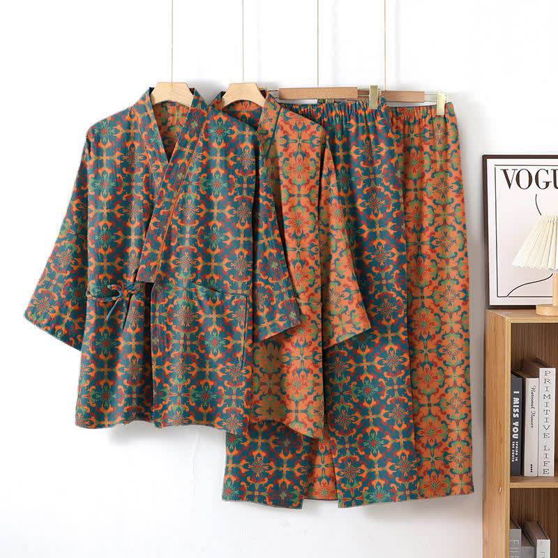 Geometric Pattern Cotton Kimono Loungewear Set
