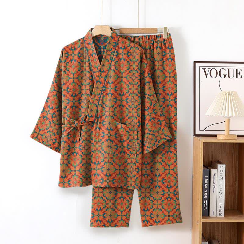 Geometric Pattern Cotton Kimono Loungewear Set
