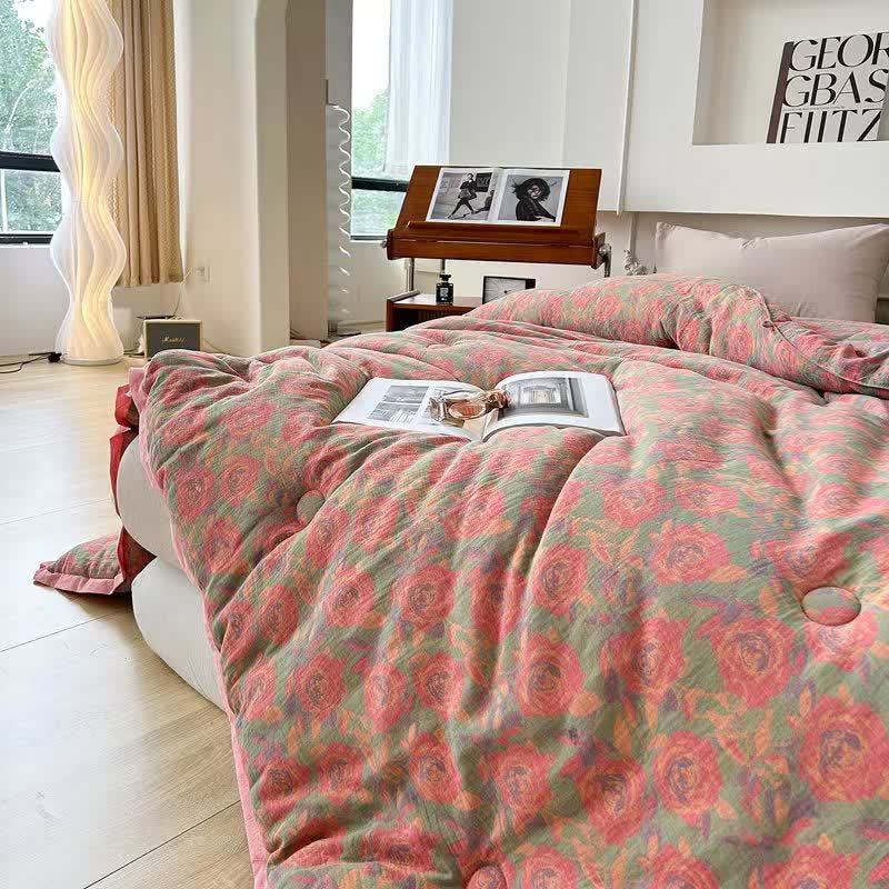 Pink Rose Cotton Gauze Jacquard Quilt