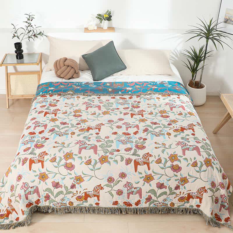 Horse Floral Natural Cotton Gauze Quilt