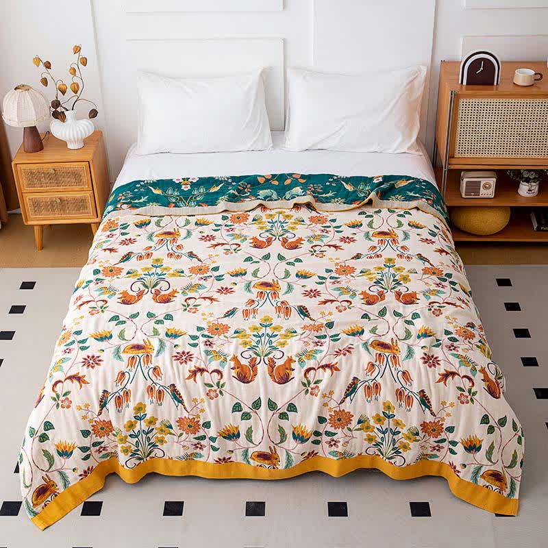 Forest Squirrel Rabbit Natural Cotton Quilt