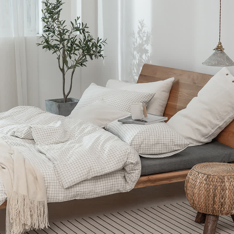 Minimalist Grid Pattern Cotton Dorm Bedding Set