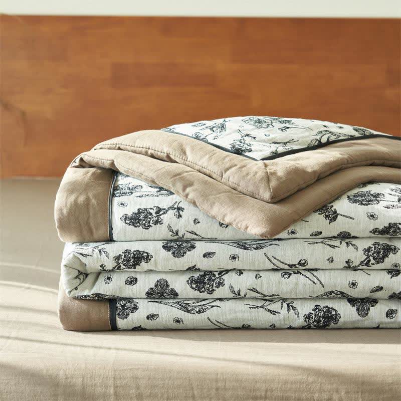 Black Floral Natural Cotton Gauze Quilt