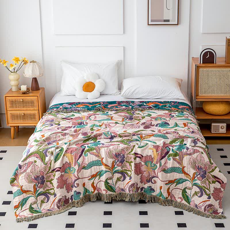 Flower Vine Cotton Gauze Tassel Blanket