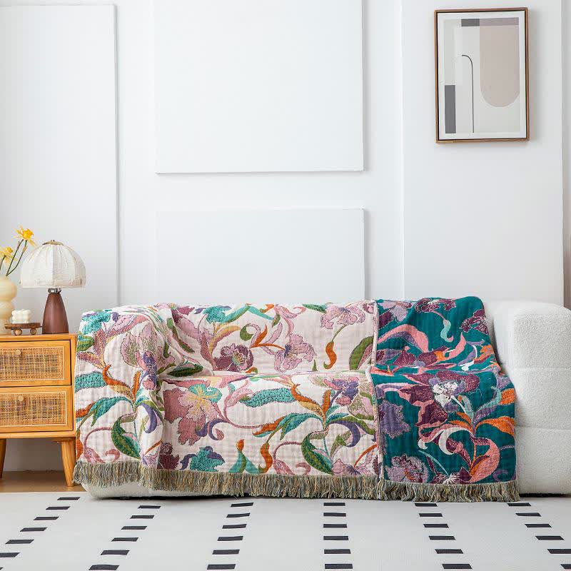 Flower Vine Cotton Gauze Tassel Blanket