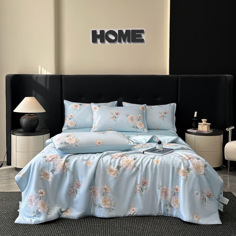 Blue Camellia Print Silky Natural Quilt