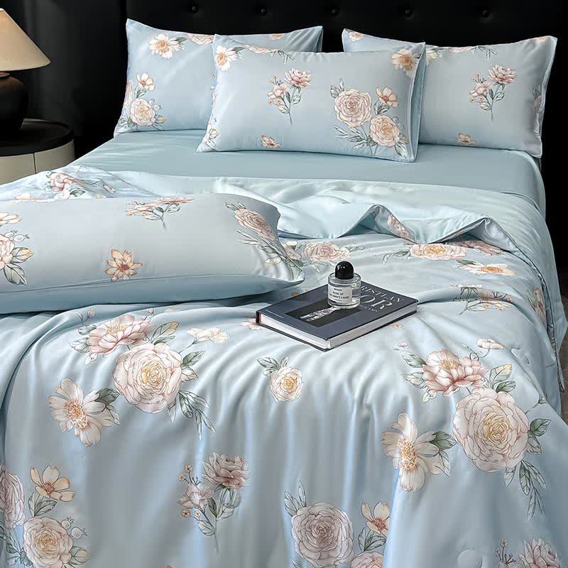 Blue Camellia Print Silky Natural Quilt