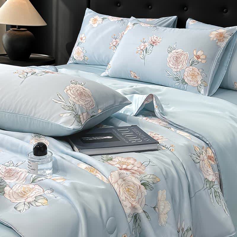 Blue Camellia Print Silky Natural Quilt