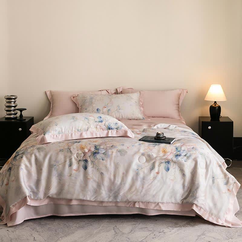 Pink Peony Print Silky Natural Quilt