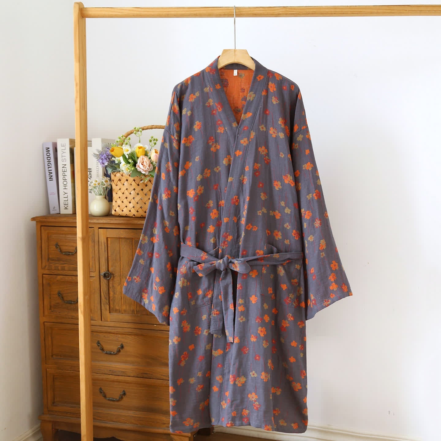 Tranquil Floral Japanese Cotton Kimono Robe