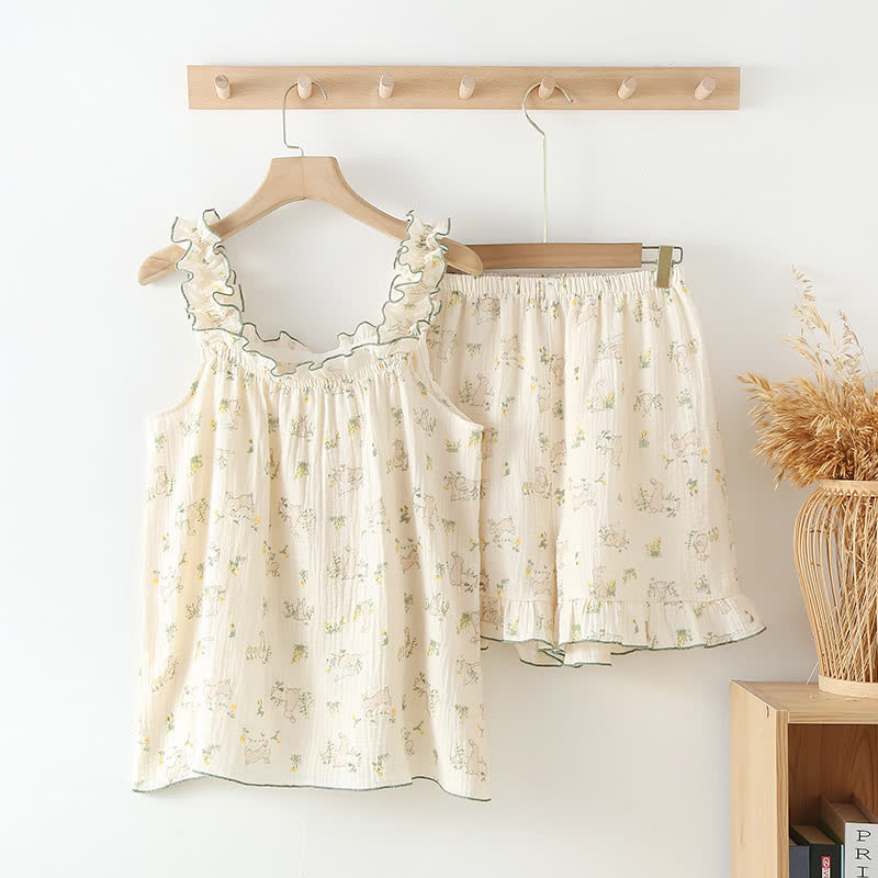Rustic Bunny Cotton Ruffle Cami Pajamas