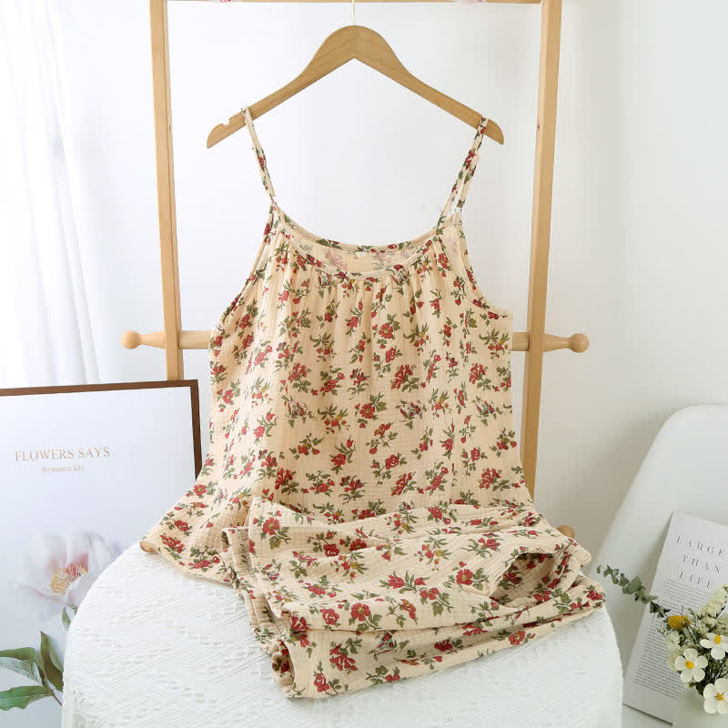 Red Floral Cotton Gauze Cami Pajamas