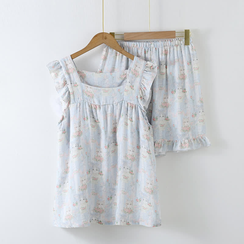 Cat Print Padded Ruffle Sleeveless Nightwear