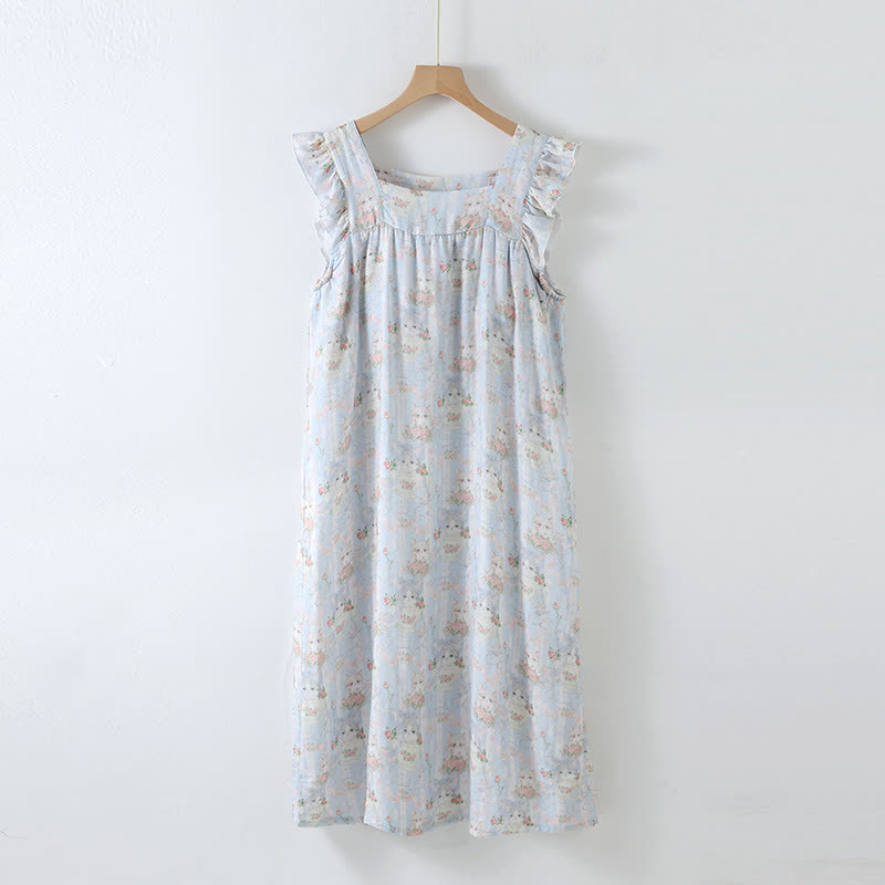 Cat Print Padded Ruffle Sleeveless Nightwear