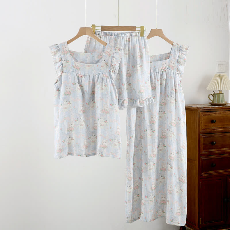 Cat Print Padded Ruffle Sleeveless Nightwear