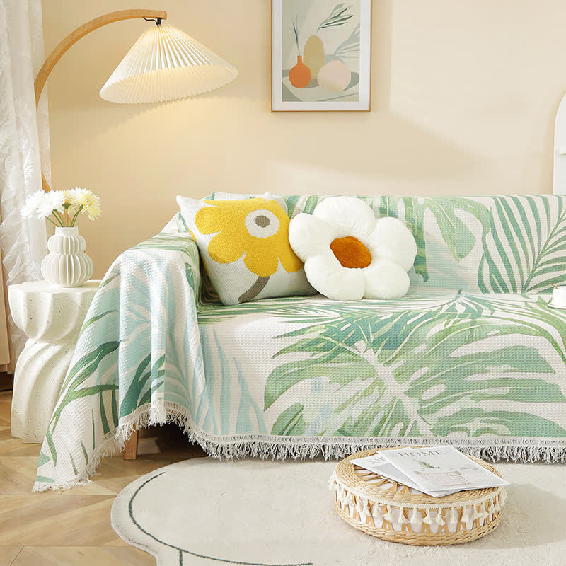 Botanical Leaf Sofa Waffle Throw Blanket