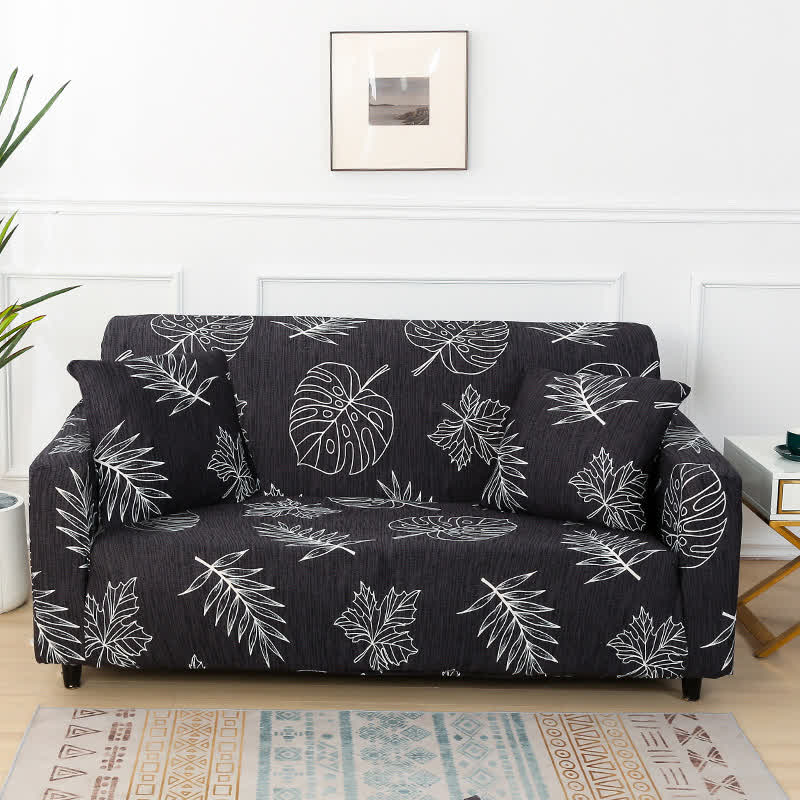 Black Monstera Print Stretch Sofa Slipcover