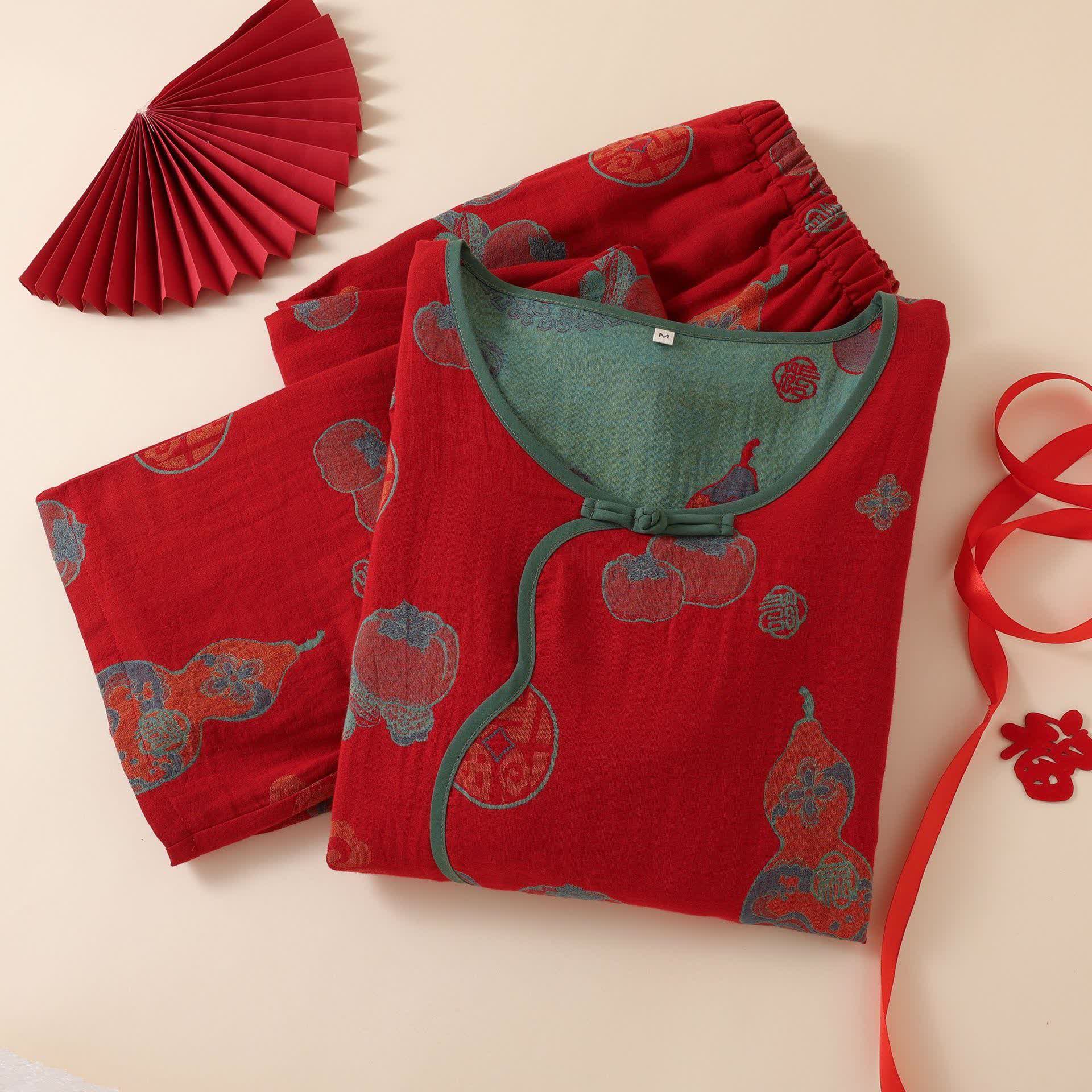 Oriental Style Gourd Persimmon Cotton Sleepwear