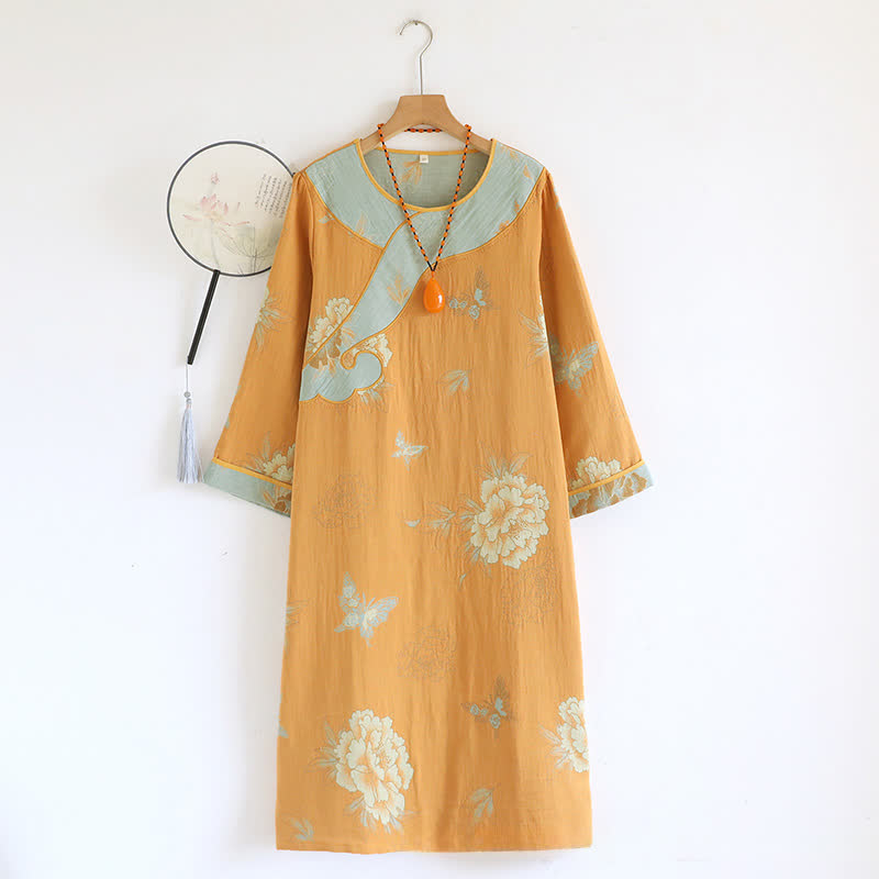Yellow Peony Cotton Gauze Loose Nightdress