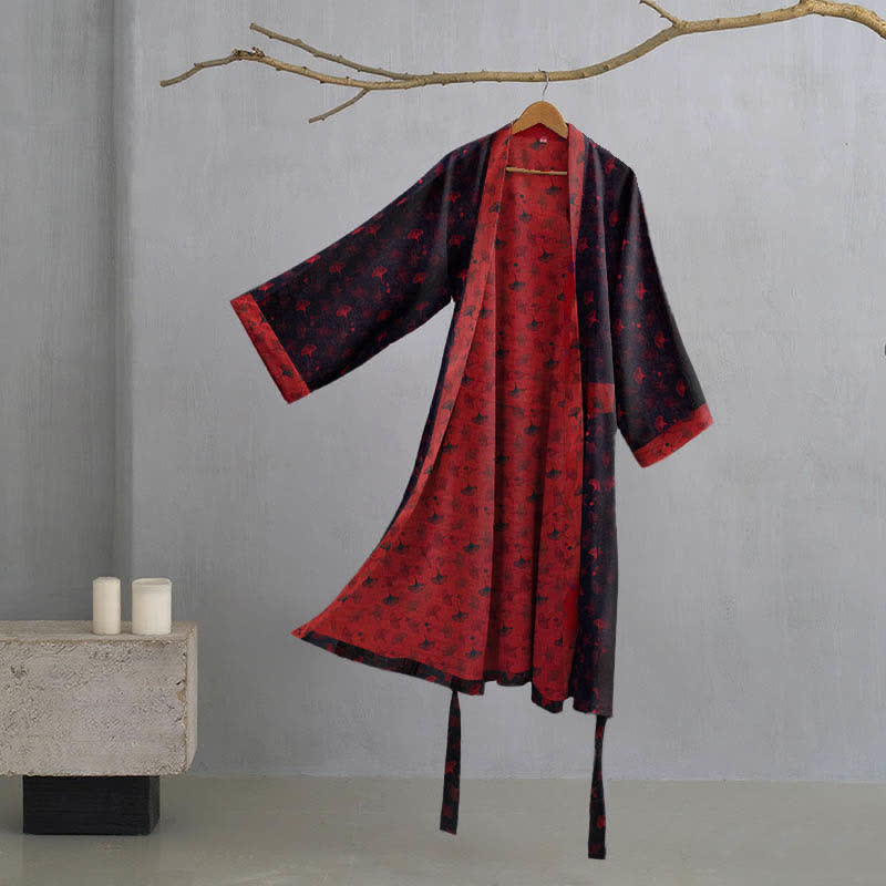 Two-Tone Ginkgo Cotton Gauze Kimono Robe