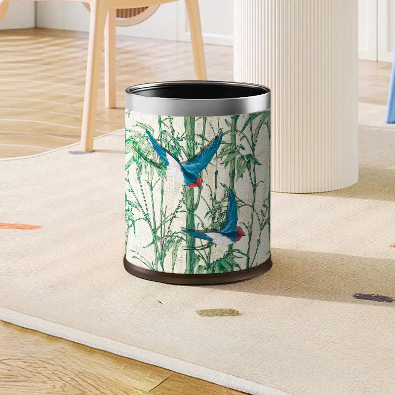 Rural Bamboo Bird Stainless Steel Trash Can