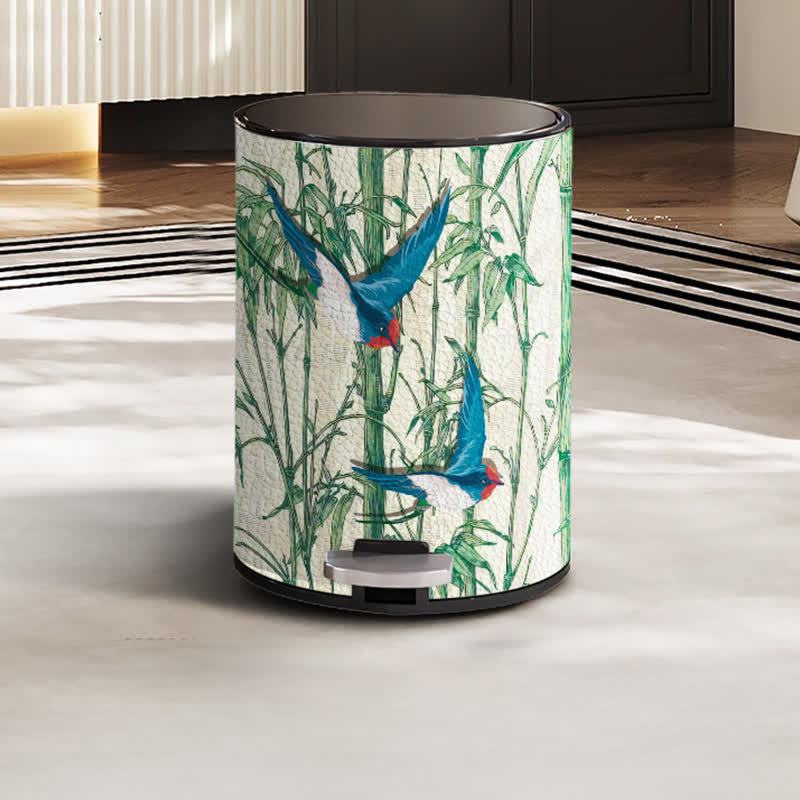 Rural Bamboo Bird Stainless Steel Trash Can
