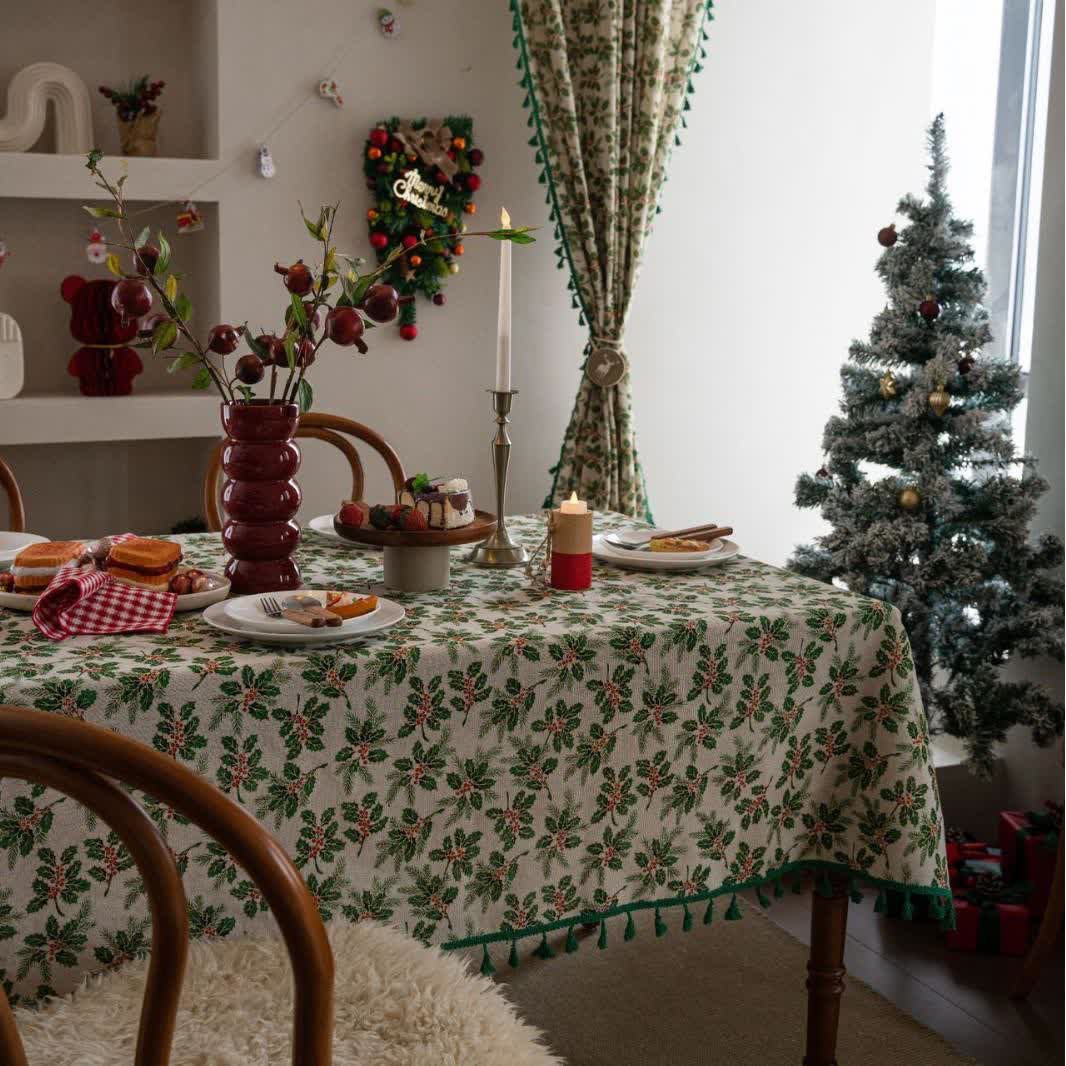 Christmas Holly Leaf Print Tablecloth