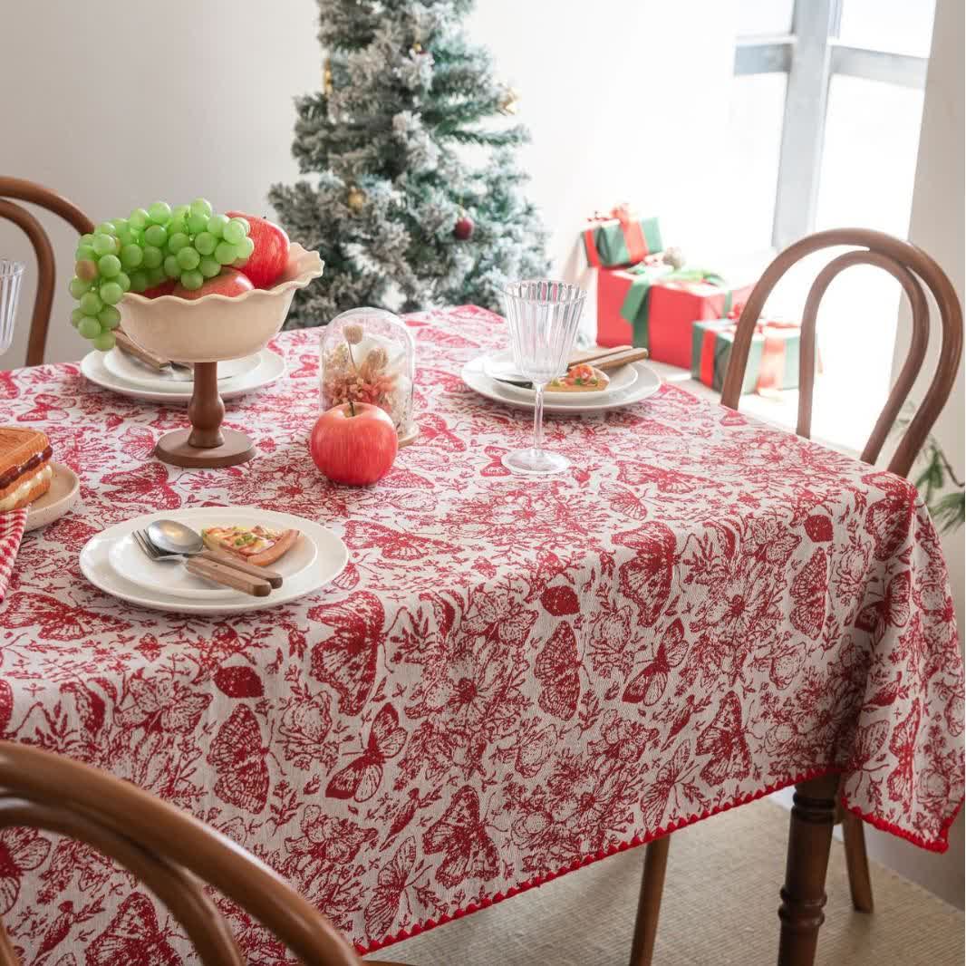 Red Butterfly Floral Jacquard Tablecloth