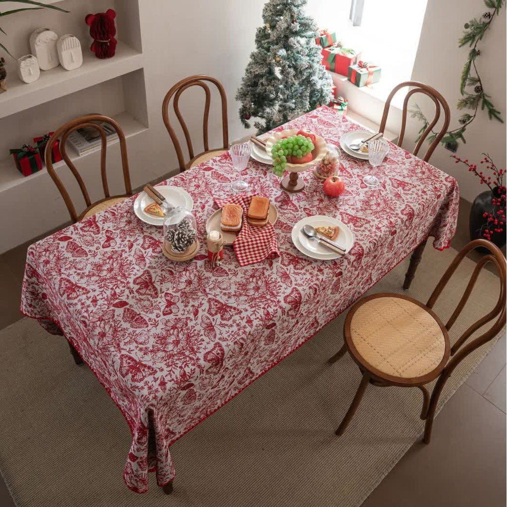 Red Butterfly Floral Jacquard Tablecloth