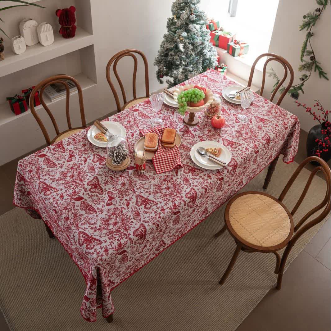 Red Butterfly Floral Jacquard Tablecloth