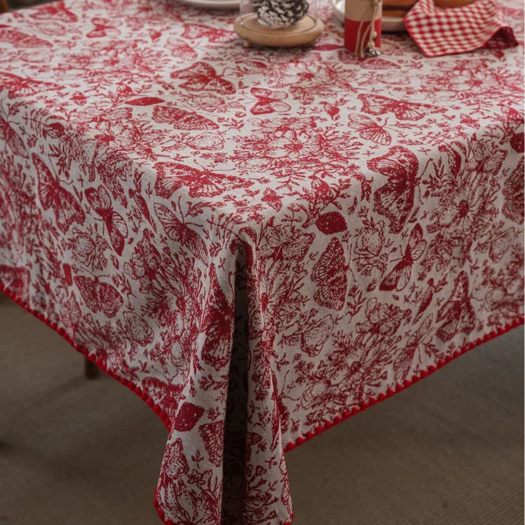 Red Butterfly Floral Jacquard Tablecloth