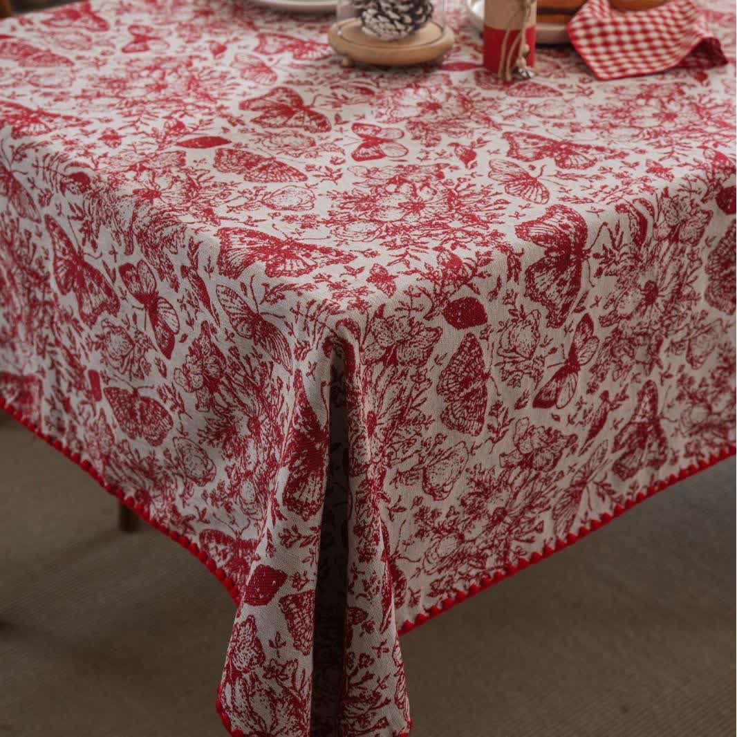 Red Butterfly Floral Jacquard Tablecloth