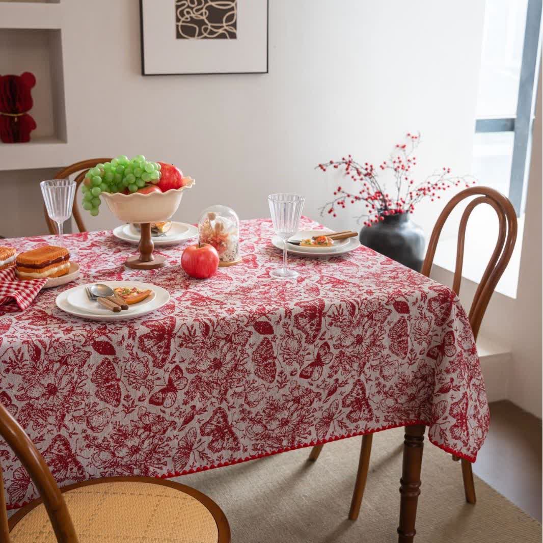 Red Butterfly Floral Jacquard Tablecloth