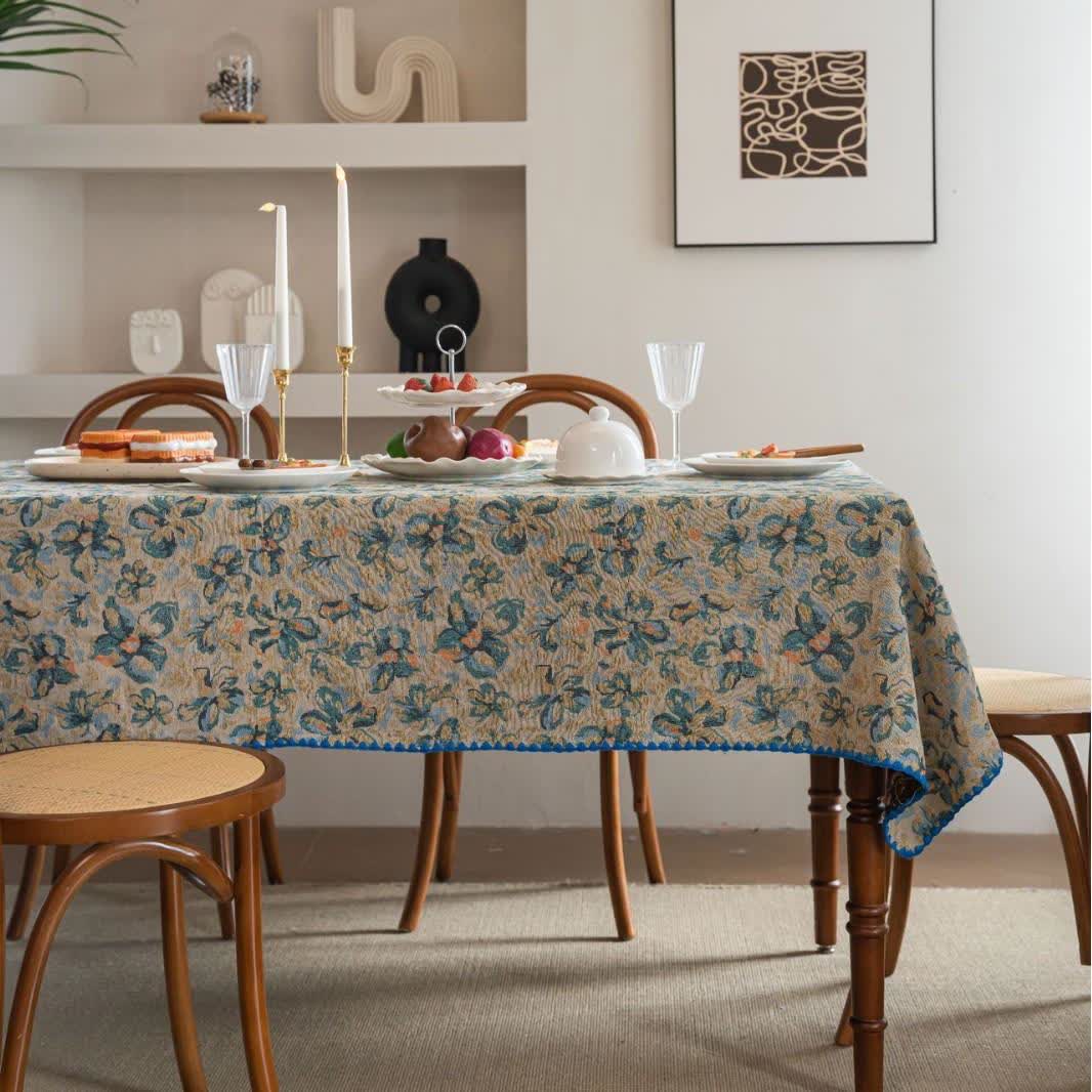 Rustic Style Blue Floral Jacquard Tablecloth