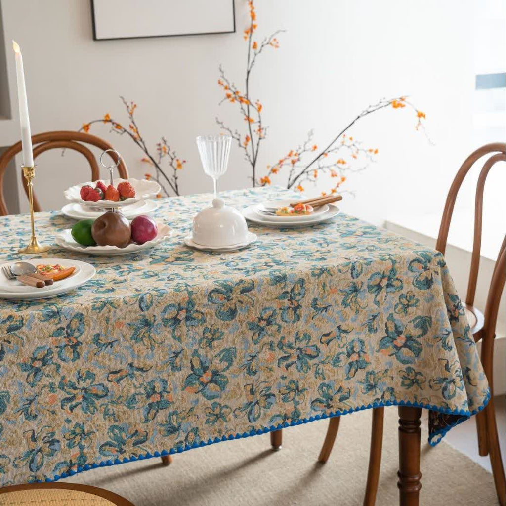 Rustic Style Blue Floral Jacquard Tablecloth