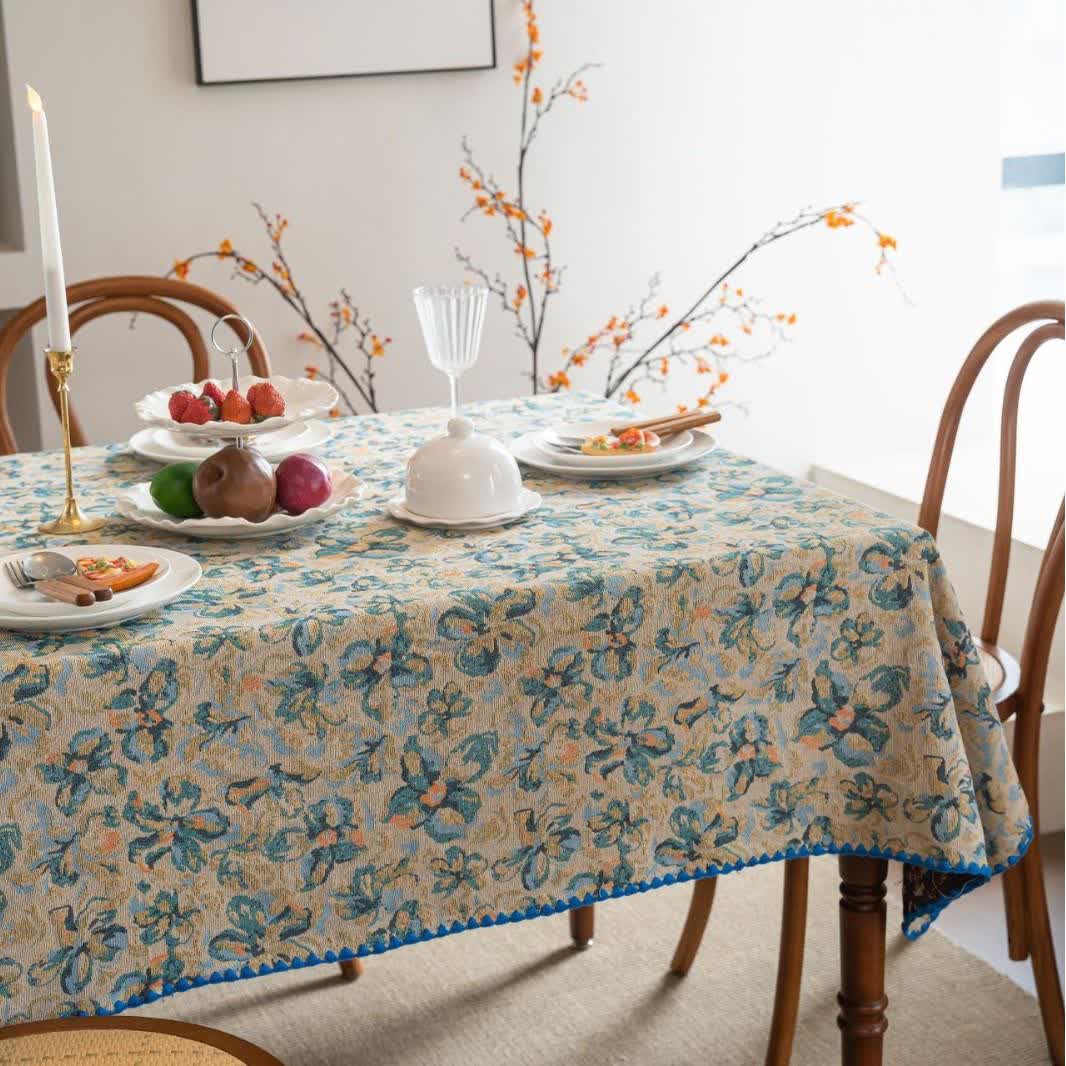 Rustic Style Blue Floral Jacquard Tablecloth
