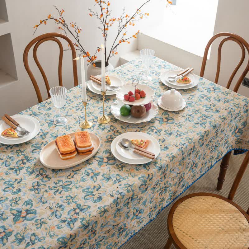 Rustic Style Blue Floral Jacquard Tablecloth