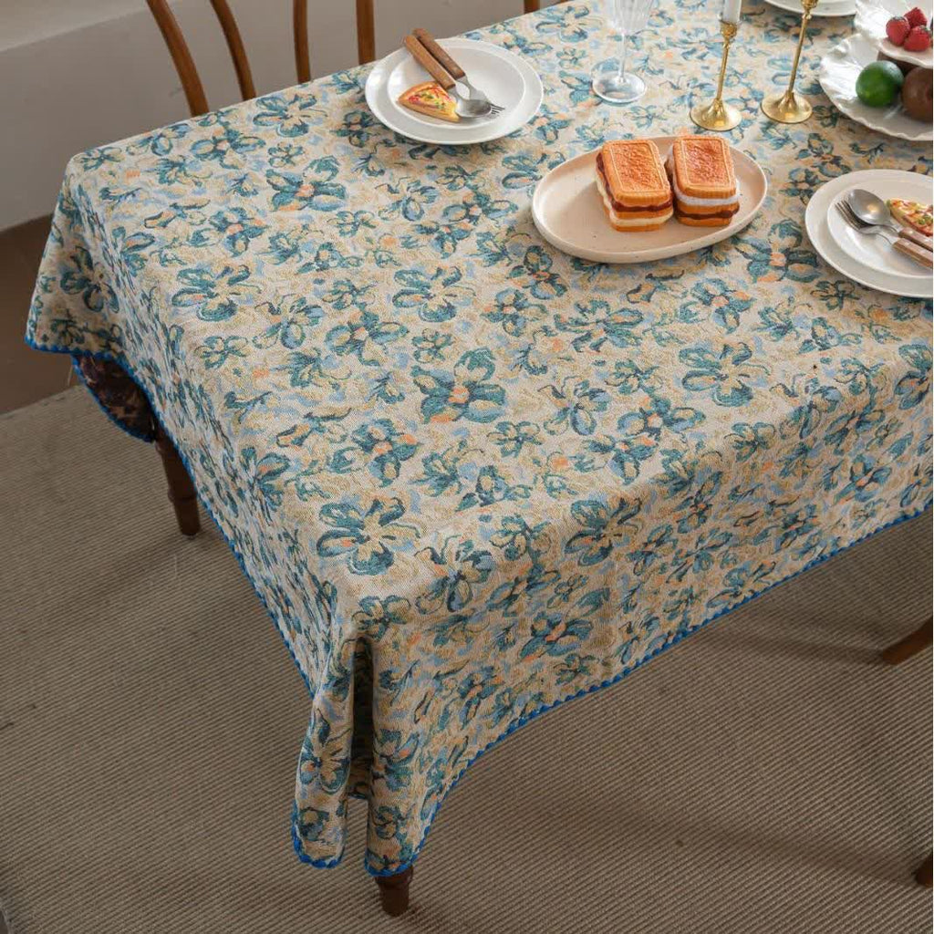 Rustic Style Blue Floral Jacquard Tablecloth