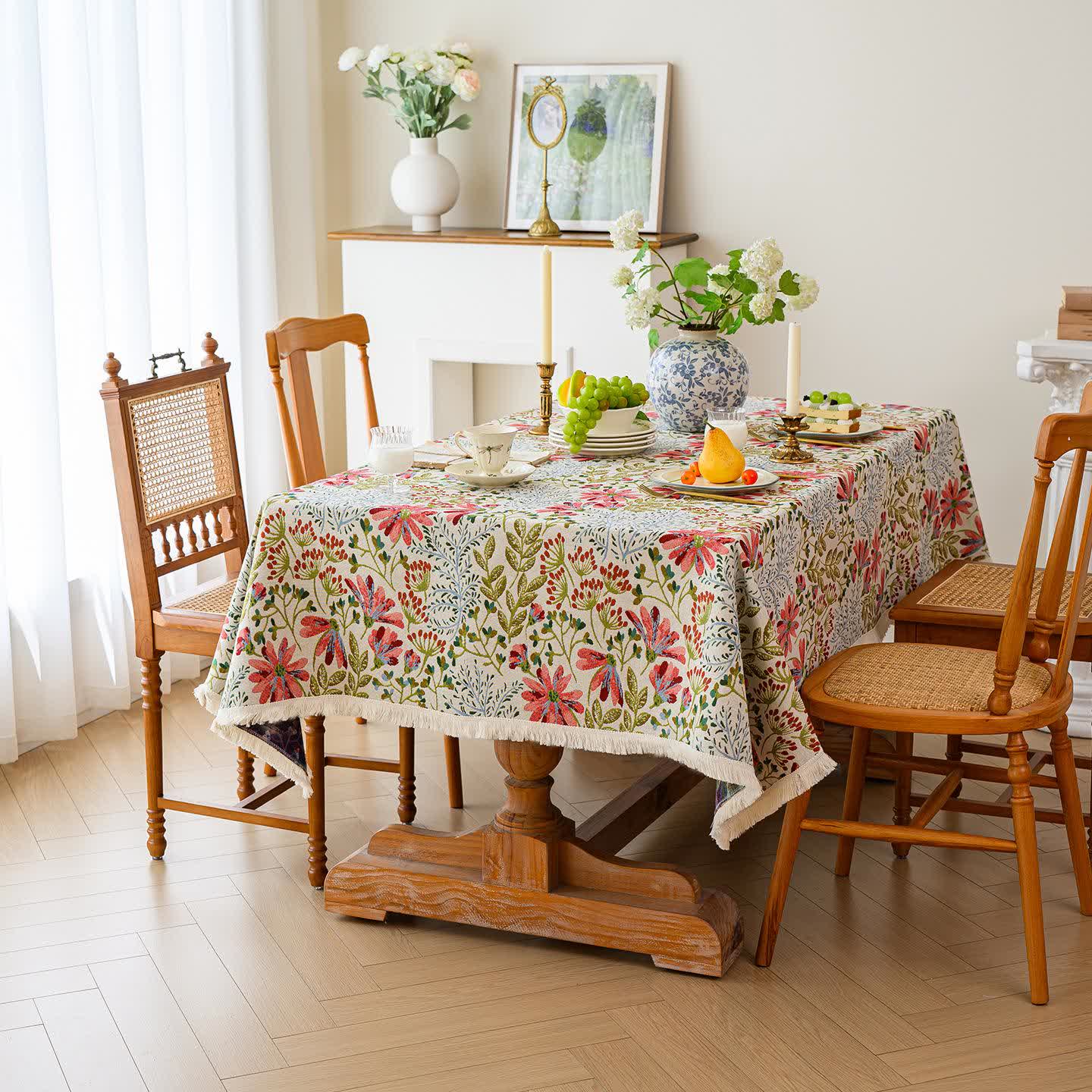Rustic Floral Jacquard Tassel Tablecloth