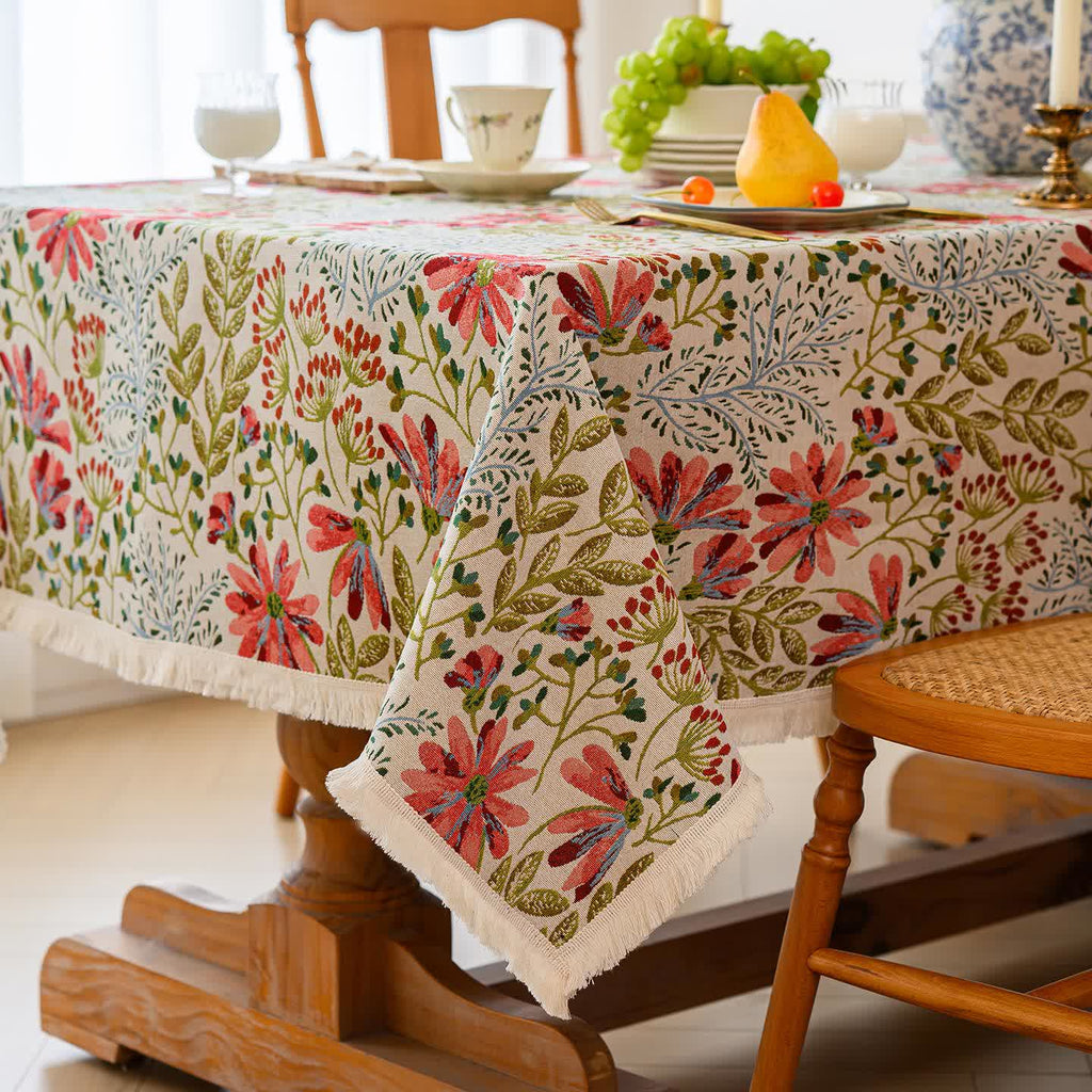 Rustic Floral Jacquard Tassel Tablecloth