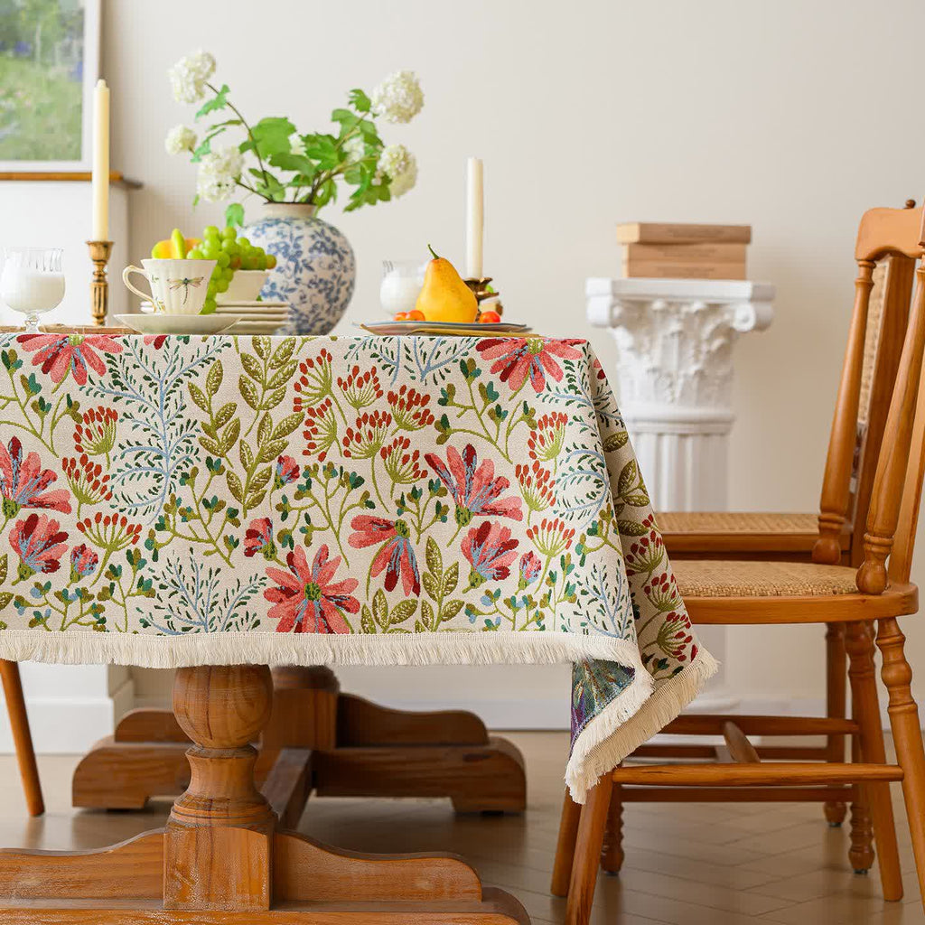 Rustic Floral Jacquard Tassel Tablecloth
