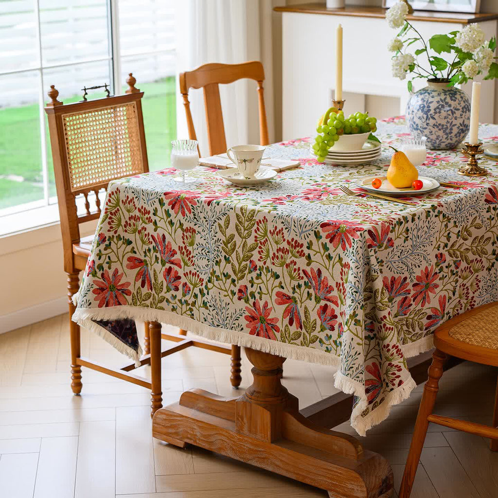 Rustic Floral Jacquard Tassel Tablecloth