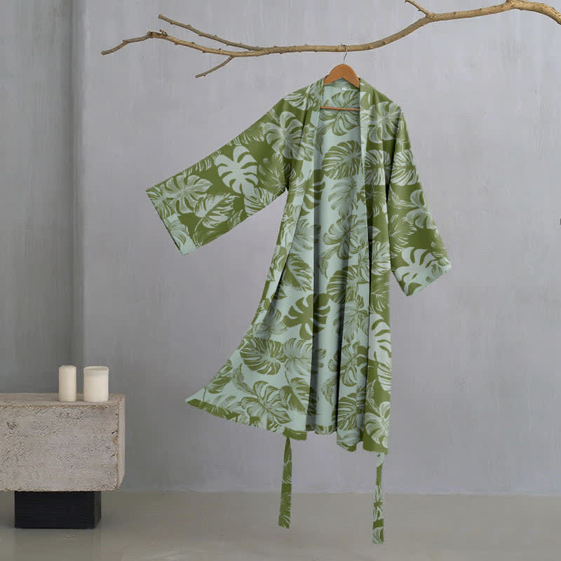 Monstera Print Cotton Gauze Kimono Robe
