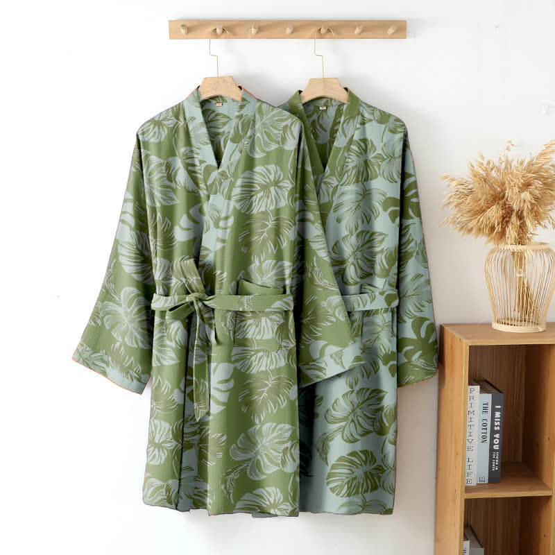Monstera Print Cotton Gauze Kimono Robe